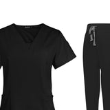 Maxbell 2xFemale Scrub Set Nurse v neckline Machine Washable Short Sleeves Suit L  Black