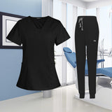 Maxbell 2xFemale Scrub Set Nurse v neckline Machine Washable Short Sleeves Suit L  Black