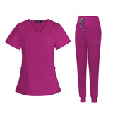 Maxbell 2xFemale Scrub Set Nurse v neckline Machine Washable Short Sleeves Suit S Rose Red