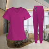 Maxbell 2xFemale Scrub Set Nurse v neckline Machine Washable Short Sleeves Suit S Rose Red