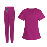 Maxbell 2xFemale Scrub Set Nurse v neckline Machine Washable Short Sleeves Suit M Rose Red