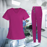 Maxbell 2xFemale Scrub Set Nurse v neckline Machine Washable Short Sleeves Suit M Rose Red