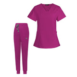 Maxbell 2xFemale Scrub Set Nurse v neckline Machine Washable Short Sleeves Suit L Rose Red