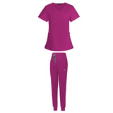 Maxbell 2xFemale Scrub Set Nurse v neckline Machine Washable Short Sleeves Suit L Rose Red