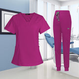 Maxbell 2xFemale Scrub Set Nurse v neckline Machine Washable Short Sleeves Suit L Rose Red