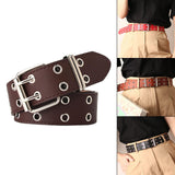 Maxbell 4xDouble Grommet Belt PU Leather Punk Double Prong Buckle for Men Women Coffee