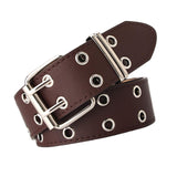 Maxbell 2xDouble Grommet Belt PU Leather Punk Double Prong Buckle for Men Women Coffee