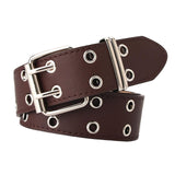 Maxbell 3xDouble Grommet Belt PU Leather Punk Double Prong Buckle for Men Women Coffee