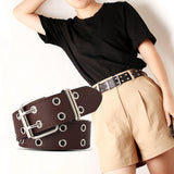 Maxbell 5xDouble Grommet Belt PU Leather Punk Double Prong Buckle for Men Women Coffee