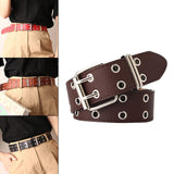 Maxbell 2xDouble Grommet Belt PU Leather Punk Double Prong Buckle for Men Women Coffee
