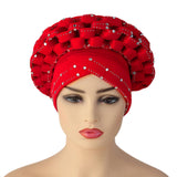 Maxbell 2xAfrican Turban Women Sequin Headwear Head Scarf Hair Cover Girls Headwrap Red