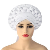 Maxbell 3xAfrican Turban Women Sequin Headwear Head Scarf Hair Cover Girls Headwrap White