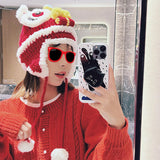 Maxbell Tradition Hat Chinese Style Warm Crochet with Pom Autumn and Winter red adult