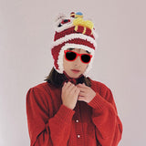 Maxbell Tradition Hat Chinese Style Warm Crochet with Pom Autumn and Winter red adult