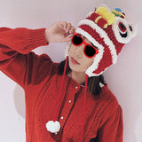 Maxbell Tradition Hat Chinese Style Warm Crochet with Pom Autumn and Winter red adult