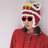 Maxbell Tradition Hat Chinese Style Warm Crochet with Pom Autumn and Winter red adult