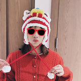 Maxbell Tradition Hat Chinese Style Warm Crochet with Pom Autumn and Winter red adult