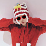 Maxbell Tradition Hat Chinese Style Warm Crochet with Pom Autumn and Winter red adult