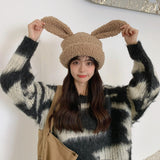 Maxbell Cartoon Women Hat Plush Outdoor Rabbit Ear Slouchy Hat Winter Warm khaki