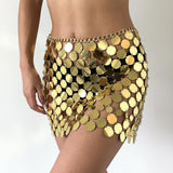 Maxbell 3xMetal Sequin Skirt Hollow Out Bohemian Shiny for Dance Beach Aureate