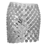 Maxbell 3xMetal Sequin Skirt Hollow Out Bohemian Shiny for Dance Beach Argent
