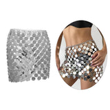 Maxbell 3xMetal Sequin Skirt Hollow Out Bohemian Shiny for Dance Beach Argent