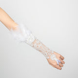 Maxbell 4xWomen's Lace Glove with Feather Gothic for Wedding Costume Accessories White