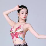 Maxbell 3xSequin Butterfly Crop Top Halloween Party Belly Dance Club Rave Pink