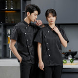 Maxbell 3xMen Women Chef Coat Jacket Snap Button Food Service Summer for Waiter Hotel L Size Black