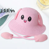 Maxbell Bunny Ears Straw Hat Cap Wide Brim Children Beach Hat for Beach Summer Trips Pink