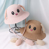 Maxbell Bunny Ears Straw Hat Cap Wide Brim Children Beach Hat for Beach Summer Trips Khaki