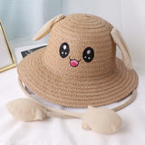 Maxbell Bunny Ears Straw Hat Cap Wide Brim Children Beach Hat for Beach Summer Trips Khaki
