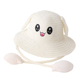 Maxbell Bunny Ears Straw Hat Cap Wide Brim Children Beach Hat for Beach Summer Trips Milky white
