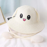 Maxbell Bunny Ears Straw Hat Cap Wide Brim Children Beach Hat for Beach Summer Trips Milky white