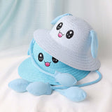 Maxbell Bunny Ears Straw Hat Cap Wide Brim Children Beach Hat for Beach Summer Trips Blue