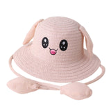 Maxbell Bunny Ears Straw Hat Cap Wide Brim Children Beach Hat for Beach Summer Trips Light Pink