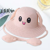 Maxbell Bunny Ears Straw Hat Cap Wide Brim Children Beach Hat for Beach Summer Trips Light Pink