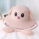 Maxbell Bunny Ears Straw Hat Cap Wide Brim Children Beach Hat for Beach Summer Trips Light Pink