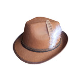 Maxbell 2xMens Fedora Hat Cosplay Casual Fashion Trilby Hat Feather Decorated Jazz Hat Brown