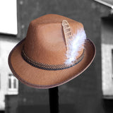 Maxbell 2xMens Fedora Hat Cosplay Casual Fashion Trilby Hat Feather Decorated Jazz Hat Brown