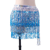 Maxbell 2xGlitter Belly Dance Hip Skirt Tassel Scarf for Stage Performance Rumba Samba Silver and Blue