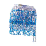 Maxbell 2xGlitter Belly Dance Hip Skirt Tassel Scarf for Stage Performance Rumba Samba Silver and Blue