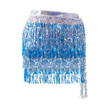 Maxbell 3xGlitter Belly Dance Hip Skirt Tassel Scarf for Stage Performance Rumba Samba Silver and Blue