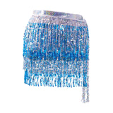 Maxbell 3xGlitter Belly Dance Hip Skirt Tassel Scarf for Stage Performance Rumba Samba Silver and Blue