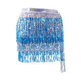 Maxbell 2xGlitter Belly Dance Hip Skirt Tassel Scarf for Stage Performance Rumba Samba Silver and Blue