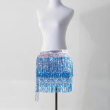 Maxbell 2xGlitter Belly Dance Hip Skirt Tassel Scarf for Stage Performance Rumba Samba Silver and Blue