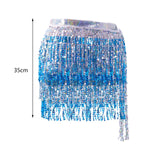 Maxbell 4xGlitter Belly Dance Hip Skirt Tassel Scarf for Stage Performance Rumba Samba Silver and Blue