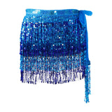 Maxbell 4xGlitter Belly Dance Hip Skirt Tassel Scarf for Stage Performance Rumba Samba Blue