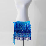 Maxbell 4xGlitter Belly Dance Hip Skirt Tassel Scarf for Stage Performance Rumba Samba Blue