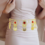 Maxbell 4xTassel Waist Chain Metal Belt Trendy Belly Chain for Props Halloween Wedding Red Gold